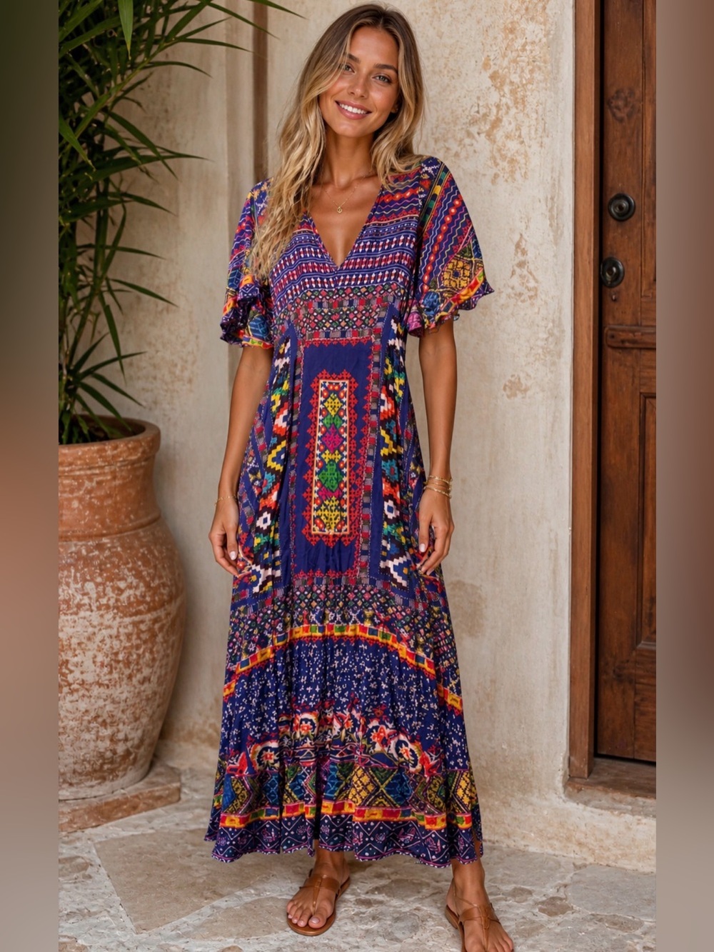 Flowy Multicolor V-Neck Printed Maxi Dress